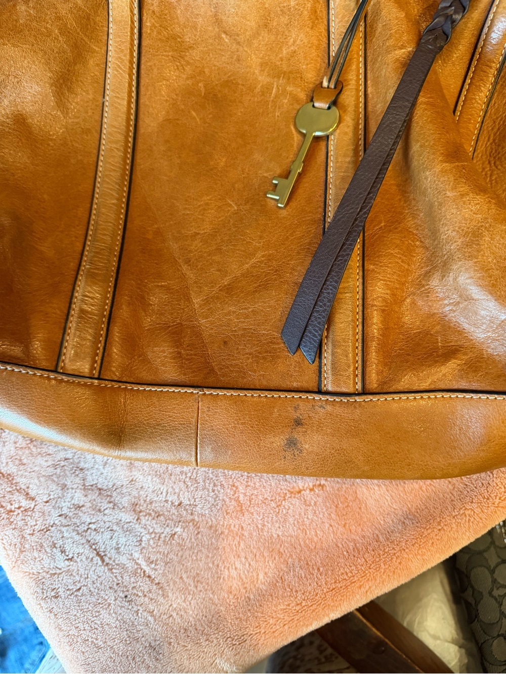Fossil Tan Leather Satchel with Key Charm - Picture 3 of 9